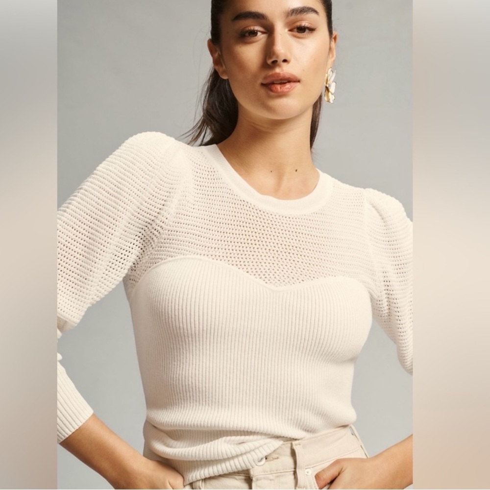 NWT Anthropologie Dh New York Pointelle Fitted Sweater Small Winter White